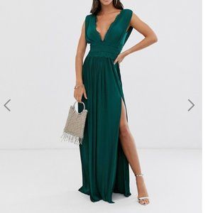 ASOS Forest Green Lace Pleated Maxi Dress Size 14